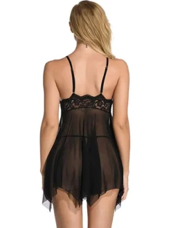 Nuisette Lingerie Sexy en Dentelle avec Bretelles à Col Décolleté en V Coupe Cintrée Bas Evasée avec Dos Nu Unicolore