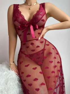Nuisette longue bordeaux en dentelle dos nu dentelle transparente à imprimé c艙ur style babydoll lingerie sexy