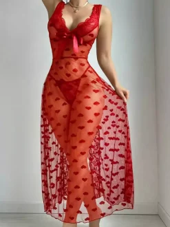 Nuisette longue bordeaux en dentelle dos nu dentelle transparente à imprimé c艙ur style babydoll lingerie sexy