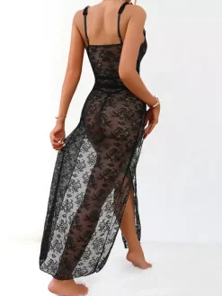 Nuisette longue noire à fleurs robe maxi en tulle transparent fendue dentelle lingerie sexy