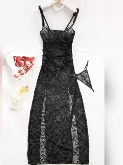 Nuisette longue noire à fleurs robe maxi en tulle transparent fendue dentelle lingerie sexy