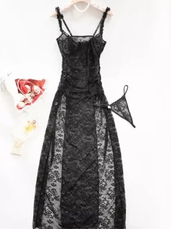 Nuisette longue noire à fleurs robe maxi en tulle transparent fendue dentelle lingerie sexy