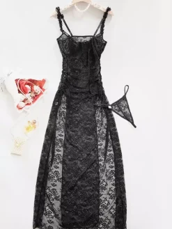 Nuisette longue noire sexy gainante dos nu découpée en polyester lingerie
