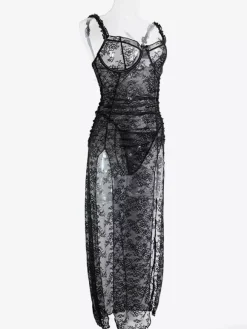 Nuisette longue noire sexy gainante dos nu découpée en polyester lingerie