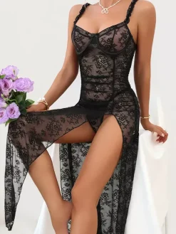 Nuisette longue noire sexy gainante dos nu découpée en polyester lingerie