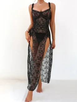 Nuisette longue noire sexy gainante dos nu découpée en polyester lingerie
