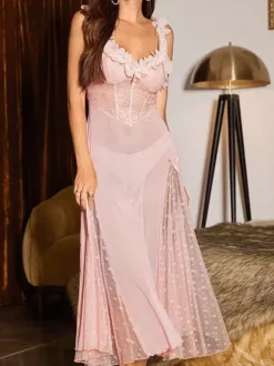 Nuisette longue rose en dentelle à fleurs et pois dos nu transparent lingerie sexy