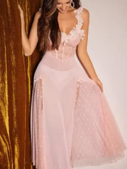 Nuisette longue rose en dentelle à fleurs et pois dos nu transparent lingerie sexy