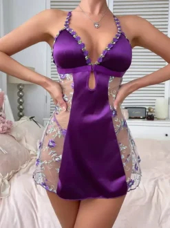 Nuisette pour femme en dentelle violette imprimé floral polyester vêtements de nuit sexy