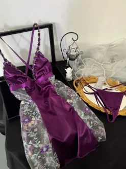 Nuisette pour femme en dentelle violette imprimé floral polyester vêtements de nuit sexy