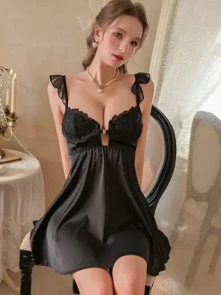 Nuisette sexy Babydolls Lingerie en dentelle blanche bicolore dos nu en satin rembourré