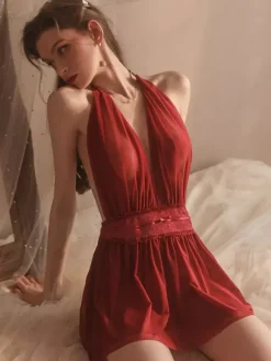 Nuisette sexy en dentelle rose dos nu et tulle style babydoll.
