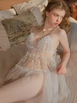 Nuisette de mariée en dentelle blanche dos nu en tulle sexy pour femme