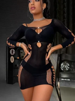 Nuisette En Résille Femme Découpé Tenu De Club Noir Avec Strass Lingerie