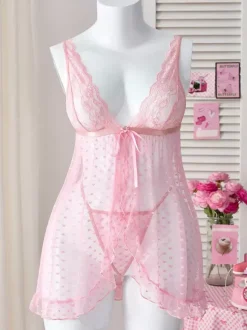 Nuisette rose en dentelle dos nu à pois roses transparents avec n艙ud papillon