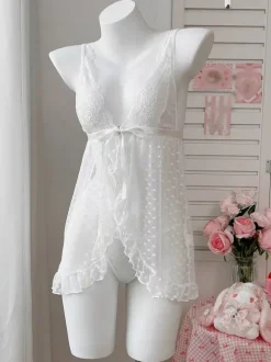 Nuisette rose en dentelle dos nu à pois roses transparents avec n艙ud papillon