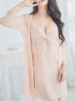 Nuisettes Ensembles 3 Pièces en Mousselines Robe avec Bretelles à Col Décolleté en V avec N艙ud Veste Manches Longues Sexy