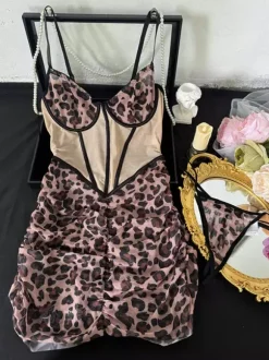 Nuisettes Lingerie Pour Femme Café Marron Plissé Imprimé Léopard Dos Nu Polyester Sexy Vêtements De Nuit