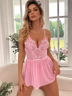 Nuisettes Babydolls roses semi-transparentes brodées sexy pour le sommeil