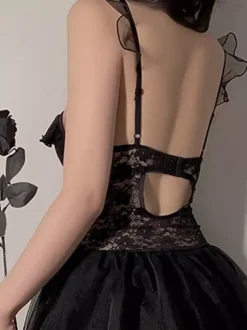 Nuisette sexy Babydoll blanche dos nu en dentelle avec n艙ud et volants
