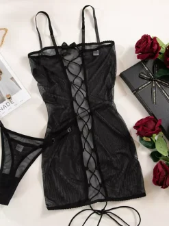Nuisettes Lingerie Babydoll Pour Femme N艙uds Noirs Dos Nu Maille Sexy Chemises