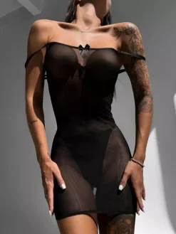Nuisettes Lingerie Babydoll Pour Femme N艙uds Noirs Dos Nu Maille Sexy Chemises