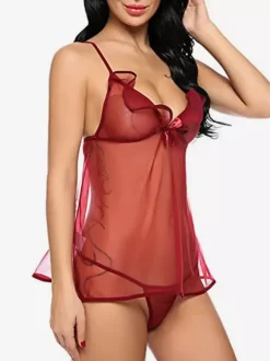 Nuisettes Lingerie Femme Noir Plissé Transparent Mousseline Pyjama Sexy