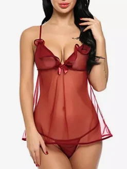 Nuisettes Lingerie Femme Noir Plissé Transparent Mousseline Pyjama Sexy