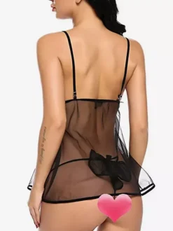 Nuisettes Lingerie Femme Noir Plissé Transparent Mousseline Pyjama Sexy