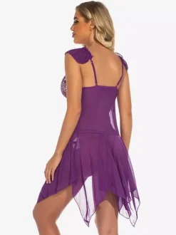 Nuisettes Lingerie Femme Violet Plissé Transparent Mousseline Sexy Vêtements de Nuit