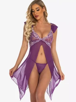 Nuisettes Lingerie Femme Violet Plissé Transparent Mousseline Sexy Vêtements de Nuit