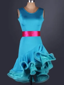 Organza de Costume de danse latine ronde irrégulière de ton cou sans manches deux volants robe de danse latine avec ceinture Déguisements Halloween