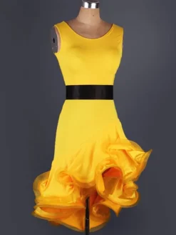 Organza de Costume de danse latine ronde irrégulière de ton cou sans manches deux volants robe de danse latine avec ceinture Déguisements Halloween