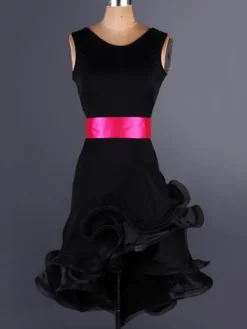 Organza de Costume de danse latine ronde irrégulière de ton cou sans manches deux volants robe de danse latine avec ceinture Déguisements Halloween