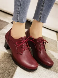 Oxfords marron femmes bout rond lacées chaussures oxford talon bloc
