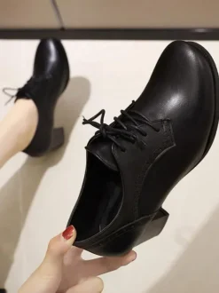 Oxfords marron femmes bout rond lacées chaussures oxford talon bloc