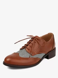 Oxfords en cuir PU à bout rond et talon chiot pour femmes chaussures vintage à lacet