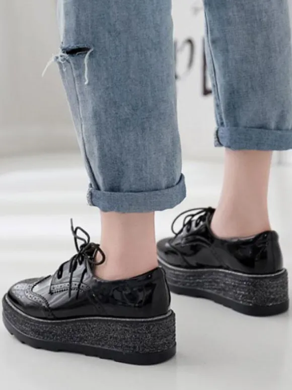 Oxfords noirs femmes bout carré en cuir Synthétique à lacets chaussures décontractées à plateforme
