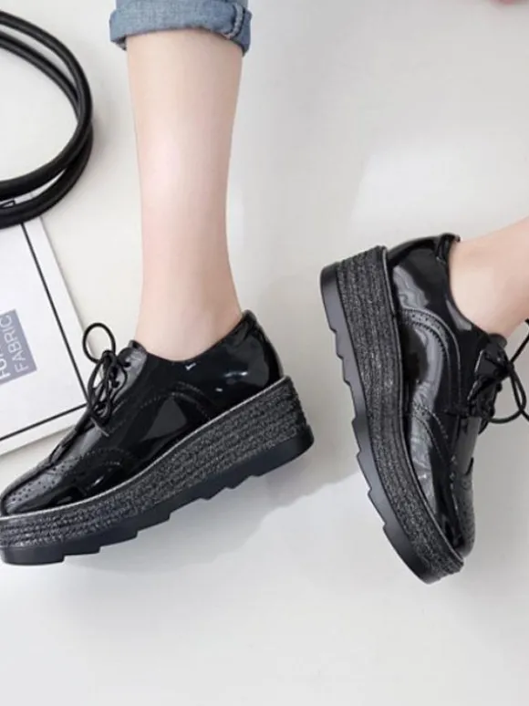 Oxfords noirs femmes bout carré en cuir Synthétique à lacets chaussures décontractées à plateforme