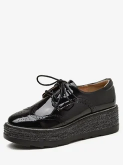Oxfords noirs femmes bout carré en cuir Synthétique à lacets chaussures décontractées à plateforme
