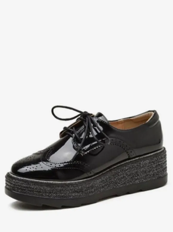 Oxfords noirs femmes bout carré en cuir Synthétique à lacets chaussures décontractées à plateforme