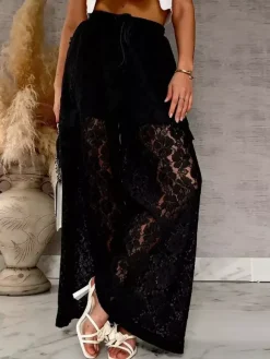 Pantalon blanc taille haute en dentelle florale à jambes larges