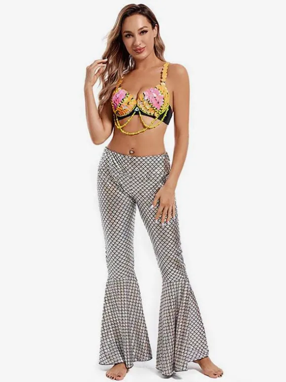 Pantalon de danse du ventre argenté pour adultes ensemble d'halloween en Polyester vêtements de danse Sexy pour femmes