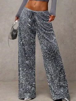 Pantalon de soirée à paillettes et cordon de serrage jambes larges pour femmes collection 2026