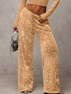Pantalon de soirée à paillettes et cordon de serrage jambes larges pour femmes collection 2026