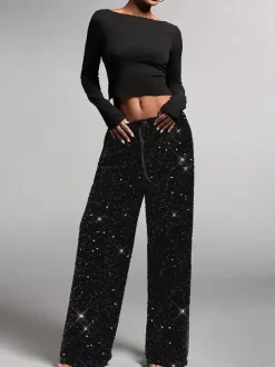 Pantalon de soirée à paillettes et cordon de serrage jambes larges pour femmes collection 2026