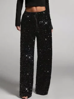 Pantalon de soirée à paillettes et cordon de serrage jambes larges pour femmes collection 2026
