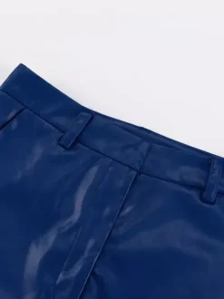 Pantalon droit en similicuir bleu à boutons taille naturelle