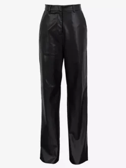 Pantalon droit en similicuir bleu à boutons taille naturelle