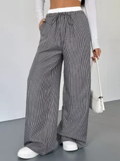 Pantalon large rayé noir et blanc pour femme taille élastiquée contrastée avec cordon de serrage style décontracté